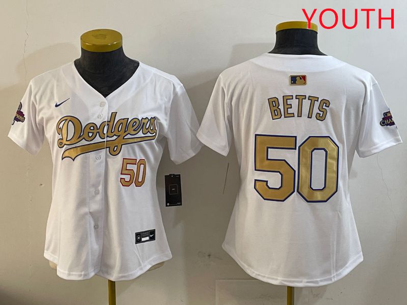 Youth Los Angeles Dodgers 50 Betts White Champion gold character 2025 Nike MLB Jersey style 409